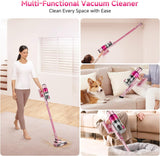 Cordless Vacuum Cleaner: Portable 6-in-1 Stick Vacuum with Anti-Tangle Brush, LED Headlight, Self-Standing, HD display, Rechargeable Vacuum for Pet Hair, Low-Pile Carpet and Hardwood Floor-Dark Pink