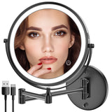 Rocollos Rechargeable Wall Mounted Lighted Makeup Mirror, 8 Inch Double-Sided LED Vanity Mirror 1X/10X Magnification,3 Color Lights Touch Screen Dimmable 360°Swivel 13 Inch Extendable