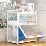 Gdrasuya10 Medium Dish Drying Rack for Kitchen Counter, Stainless Steel Dish Strainer with Cover 2 Tier Kitchen Counter Utensil Holder Drainer Rack Cup Rack (White)