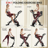 Pleny Folding Exercise Bike, 5 IN 1 Stationary Bike 5.5 LBS Flywheel Exercise Bike, Indoor Workout Bike 330LB Weight Capacity Back Support Cushion for Home Gym Workout, Black-red PLENY