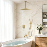 FAROLAN Brushed Gold Shower System with Tub Spout, Ceiling Mounted Bathtub Shower Faucet Set, 12" Rainfall Shower Head and Handheld Shower Combo, High Pressure Shower Fixtures Set with Rough-in Valve