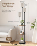 GOEBLESON 70.9" Floor Lamp with Shelves, Modern Floor Lamp with 3 Linen Shades and Foot Switch, 3-Light Standing Lamp, for Living Room, Bedroom, Study, Office, Rustic Brown and Beige EF53LD05