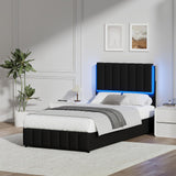 REVOMINCA Twin Upholstered Bed Frame with LED Lights, Faux Leather Platform Bed with Headboard and Wooden Slats Support, No Box Spring Needed, Noise-Free, Easy Assembly, Black