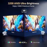 [3000+ Licensed Apps/Live TV/HDR10+/50W DoIby Audio] Smart 4K-Projector with WiFi and Bluetooth, Goiaey 3200ANSI Outdoor Projector with 360°Stand, Auto Focus, Auto Keystone, Short Throw Proyector