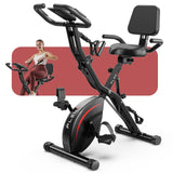 Pleny Folding Exercise Bike, 5 IN 1 Stationary Bike 5.5 LBS Flywheel Exercise Bike, Indoor Workout Bike 330LB Weight Capacity Back Support Cushion for Home Gym Workout, Black-red PLENY