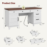 Executive Desk 60 Inch, Wooden Home Office Desk with Adjustable Storage Cabinet, Built-in Charging Port