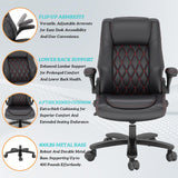 Executive Office Chair with Rubber Wheels, Big and Tall Office Chair 400LBS, High Back Leather Computer Desk Chair with Flip-up Armrests and Lumbar Support, Black
