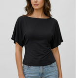 SeeLuNa Women Cinched Waist Shirts Stretchy Dolman Sleeve Boat Neck Knit Top Trendy Streetwear Outfits Basic Workout Tee Tops(Black,XS)