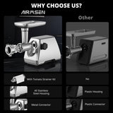 AIRMSEN Electric Meat Grinder & Tomato Sauce Press Maker with Strainer - Heavy Duty Food Mill Machine for Grinding Meat