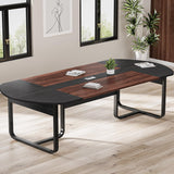 Walnut and Black Conference Room Table Curved for Office with Rectangle Grommet, Modern Meeting Table for Office