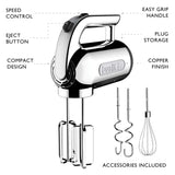 Dualit Hand Mixer - 300W- Strong Grip Handle - Attachments Included - Integral Plug Storage - 4 Speed Settings - Repairable gears - Flat Beaters, Dough Hooks, Balloon Whisk