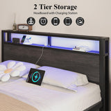 LOEWAY Queen Size Bed Frame with Storage Headboard and LED Lights, Industrial Platform Bed with Charging Station, Heavy Duty Metal Slats, No Box Spring Need, Noise Freee, Grey