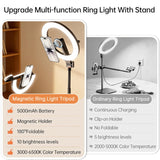 Magnetic Overhead Phone Mount with 10” Ring Light, 5000mAh Flexible Articulating Circle Lamp Table Tripod, iPhone Stand for Video Recording Cooking Nail, Zoom Meeting, Live Streaming Tiktok
