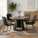 HIPIHOM 47.2" Round Dining Table Set for 4, Modern Wood Table with 4 Upholstered Leather Chairs, Metal Pedestal Base, Space-Saving Kitchen Dining Set (Black&Walnut Color, Set for 4)