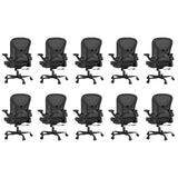 Keratee Ergonomic Office Chair Set of 10, Mesh Fabric Home Office Chairs with Adjustable Lumbar Support, 360° Swivel, and Flip-Up Armrests, Black