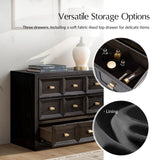 HULALA HOME Solid Wood Nightstand Set of 2 with Soft Fabric-Lined Top Drawer, 3 Drawer and Metal Knobs Bedside Tables, Contemporary Geometric Night Stand with Charging Station, Black