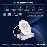 LUXRITE 4-Inch Gimbal LED Recessed Lighting, 5 Color Selectable 2700K-5000K, 15 Watts, 1250 Lumens, Adjustable 360º + 30º Swivel Spotlight, Dimmable, CRI90, IC & Wet Rated, ETL, White (12 Pack)