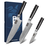 MDHAND Damascus Kitchen Knife Set, 3PCS Ultra Sharp 10Cr15CoMoV Super Steel Japanese Knife, Professional Chef Knife Set with Black Pakkawood Handle, Including Chef, Santoku & Paring Knife, Elegant Box