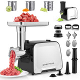 CHEFFANO Life Electric Meat Grinder, 2000W Max Sausage Stuffer Maker, Vegetable Cheese Grater with 3 Shredder Slicer Blades, 2 Blades, 3 Plates, Sausage Tube, 2 Meat Claws, Burger Press & Kubbe Kit