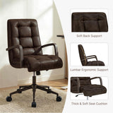 KISLOT Home Office Desk Chair, Ergonomic Office Chair with Square-Patterned Leather Upholstery, Adjustable Swivel Computer Chair with Wood Arms & Wheels, Soft-Rounded Front Edge, Espresso