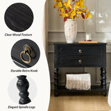HULALA HOME Farmhouse Storage End Table Set of 2 with 2 Drawers and Open Shelf, Solid Wood Side Table with Spindle Legs, End Table with Charging Station (Charcoal)