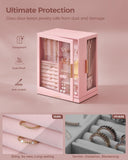Glimmloop 360° Rotating Jewelry Box with 5 Drawers, Spacious Vertical Jewelry Organizer with Glass Window, Jewelry Storage Case, Dustproof & Moisture-resistant Design, Pink