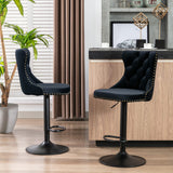 MOOLSUN Rotating Velvet Bar Stools Set of 6, Modern Padded with Nailhead Trim and Tufted Back, Adjustable Swivel Counter Height Stools for Kitchen Island, Bar, Club,Black(Black Base)