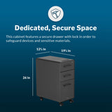 Vari Slim File Cabinet - Three Drawer Office Filing Cabinet, Modern Mobile Pedestal with Heavy-Duty Steel - Lockable Storage with Roll-and-Lock Caster Wheels