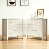 Fatmok Fluted 3 Drawer Dresser for Bedroom Set of 2, 34" Wide Chest of Drawers, Modern Wood Nightstand End Table with Metal Handles, Striped Storage Cabinet for Living Room, Hallway, Alabaster White
