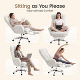 Daluvenix Cross Legged Office Chair with Flip Armrests，Big and Tall Executive Office Chair, 135° Reclining Criss Cross Chair with Footrest & Lumbar Pillow, Sink-in Cloud Cushion, Sherpa Fleece, White