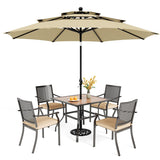 PHI VILLA Outdoor Table Chairs Set w/Umbrella, 5pc Patio Metal Furniture
