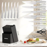 Astercook Knife Set, Kitchen Knives Set with Block and Sharpener Full Tang 15 Pcs Premium Stainless Steel Knives, Dishwasher Safe Knife Set with Anti-slip Ergonomic Handle, Black, Mothers Day Gifts