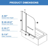 BoBliss 48" W x 58" H Bathtub Shower Door, Frameless Glass Shower Door with 1/4" (6mm) Clear Tempered Glass, Chrome Finish Shower Glass Doors for Bath Tub, 180° Rotatable Panel, Matte Black