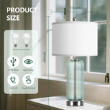 Table Lamps Set of 2 with Vertical Grained Glass, Teal Bedside Table Lamp, 3-Way Dimmable Nightstand Lamp with Touch Control, 27" Modern Glass Bedside Lamps with USB A+C Ports, Desk Lamp for Bedroom