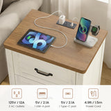 PIXOURA Farmhouse Nightstand Set of 2 with Charging Station, 22'' Wide Bedside Table with 2 Drawers & Metal Handle, Wood Night Stand End Side Table with Storage for Bedroom, Rustic White