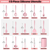 Homikit 15-Piece Kitchen Utensil Set, Silicone Cooking Utensils Spatula Set with Holder for Nonstick Cookware-Pink