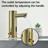 Automatic Touchless Bathroom Sink Faucet - Sensor Motion Activated No-Touch Brass Faucet with Adjustable Temperature Control Handle for Home Vanity, Commercial, and Office Use (Short, Gold)