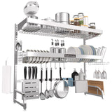 Babosas Over The Sink Dish Drying Rack,3 Tier Adjustable Length (25.5'' to 37.4'') Full Stainless Steel Large Storage Kitchen Dish Rack,For Kitchen Counter Expandable Multifunctional Organizers,Silver