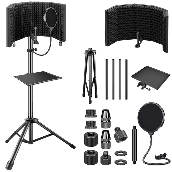 Studio Recording Microphone Isolation Shield with Pop Filter & Tripod Stand, High Density Absorbent Foam to Filter Vocal, Foldable Sound Shield for Blue Yeti and Condenser Microphones Aokeo