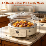 MAGNIFIQUE Slow Cooker, 4.5 Quart 8-in-1 Glass Pot Multi-Cooker, Non-Toxic Slow Cooker with Removable Borosilicate Glass Pot, for Rice, Pasta, Steam & Proof, Oatmeal