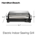 Hamilton Beach Electric Indoor Searing Grill with Adjustable Temperature Control to 450F, 118 sq. in. Surface Serves 6, PFAS-Free Removable Nonstick Grate, Stainless Steel (25360)