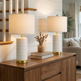 PoKat Small Bedside Table Lamps Set of 2 for Bedroom Living Room, 21.5'' Modern Ceramic Nightstand Lamps with Gold Base, Farmhouse Table Lamps for Office End Side Table Console, White and Beige