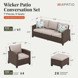 MIXPATIO Patio Furniture Set, 7 Pcs Wicker Rattan Rattan Outdoor Conversation Set, 4 x Single Chairs, 1 x 3 Seater Sofa and 2 x Ottoman with 4" Thick Cushion for Garden Backyard Deck, Beige