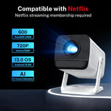 [Officially Liscensed App] Smart Mini Projector for Bedroom with WiFi and Bi-directional Bluetooth 5.4 Auto Keystone 1080P 4K Support Built-in Android 13 OS Works with Prime Video YouTube Tubi