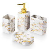 4 Piece Bathroom Accessories Set - White Bathroom Accessory Sets Includes Lotion Dispenser, Toothbrush Holder Tumbler, and Soap Dish - Glossy Finish (Marble, White)