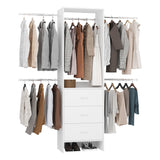HOMPUS Closet Organizer System with 3 Drawers, 80'' Closet Organizers and Storage, 4-9Ft Adjustable Wall-Mounted Wardrobe System, Walk-in Wardrobe Closet Rack with 4 Hanging Rods for Bedroom, White