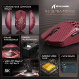 ATTACK SHARK R5 Ultra Wireless Gaming Mouse,Carbon Fiber Shell 39g Superlight,PAW3950MAX Nordic 52840 MCU 8K Polling 42K DPI Optical Sensor,BT/2.4G/USB-C Wired Mice with Coiled Cable-Red&Griptape