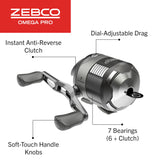 Zebco Omega Pro Spincast Fishing Reel, Size 30 Reel, Dual Ceramic Pick-up Pins, Solid-Brass Pinion Gear, GlideLine ll Line Retrieval System, Pre-Spooled with 10-Pound Fishing Line, Braid Ready, Black