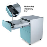 File Cabinet 3-Drawer Metal with Lock Key Sliding Drawer, White/Aqua Blue, Fully Assembled