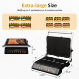 Sunvivi Indoor Grill & Griddle with Preset Menu, 1600W Electric Panini Press Sandwich Maker, Removable Nonstick Plates, Locking Lid, Double-sided Grill with 180° Flat Opening, Stainless Steel, Black